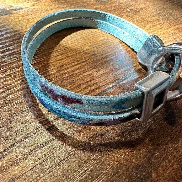Leather Watercolor Teal Hippie Bracelet, Double Wrap, Belt Buckle Silver Clasp, - Picture 7 of 10